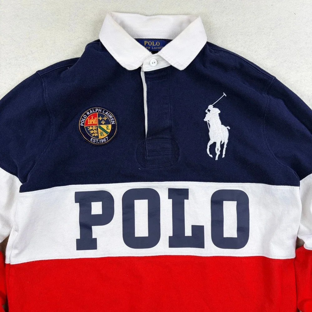 Polo Ralph Lauren Mens Custom Slim Fit Rugby Shirt Navy Red White Large Pony M